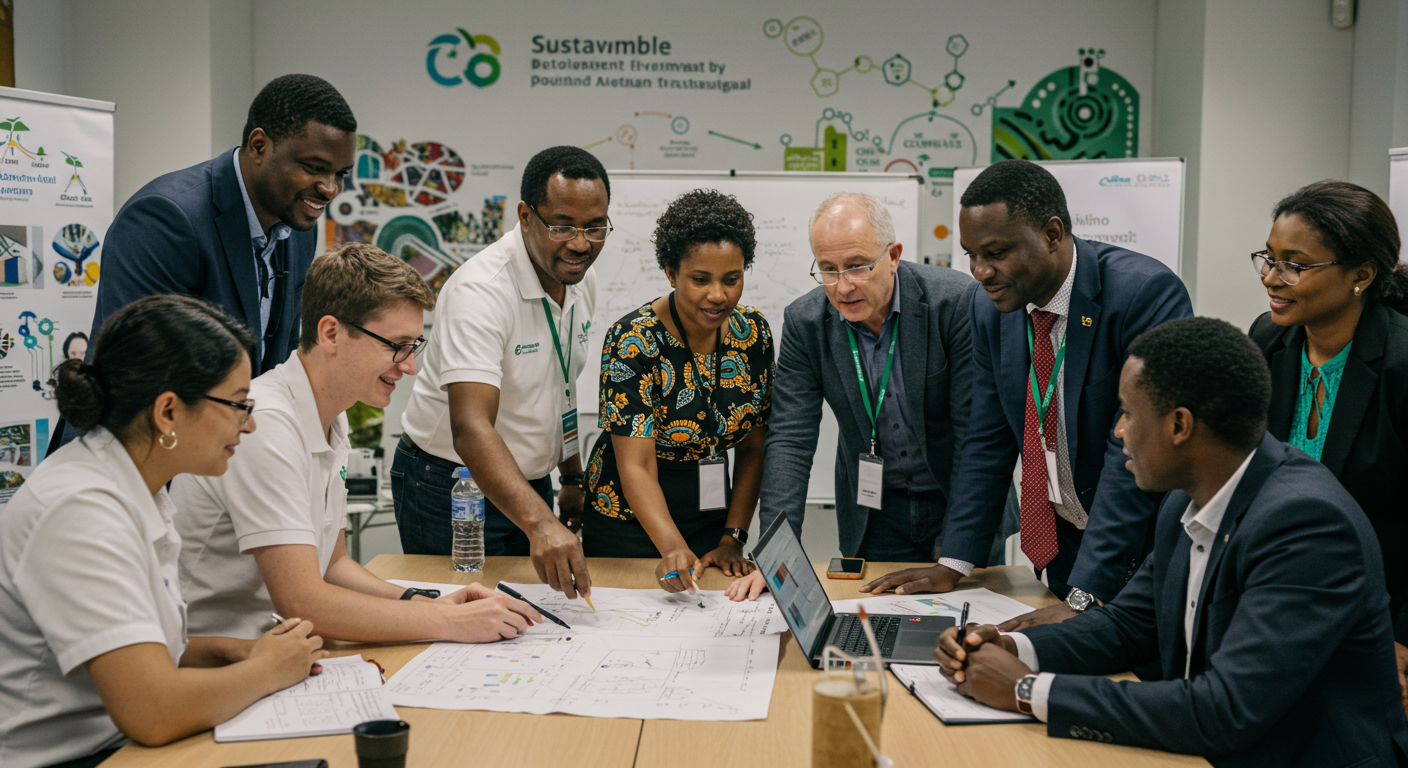 Diverse professionals collaborating, symbolizing strategic partnerships for workforce development and sustainable development in Zambia.