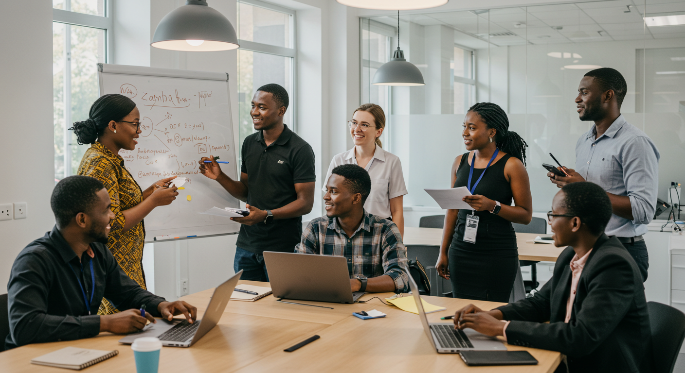 Diverse Zambian professionals collaborating in a modern office, representing teamwork and dedication to inclusive workforce development in Zambia.